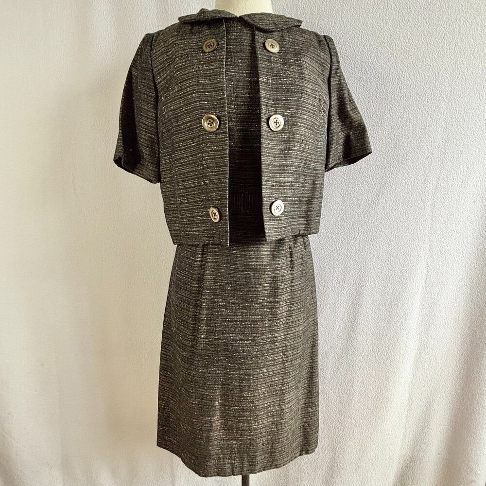 1950s Midcentury Brown & Black Wiggle Day Dress & Jacket Set